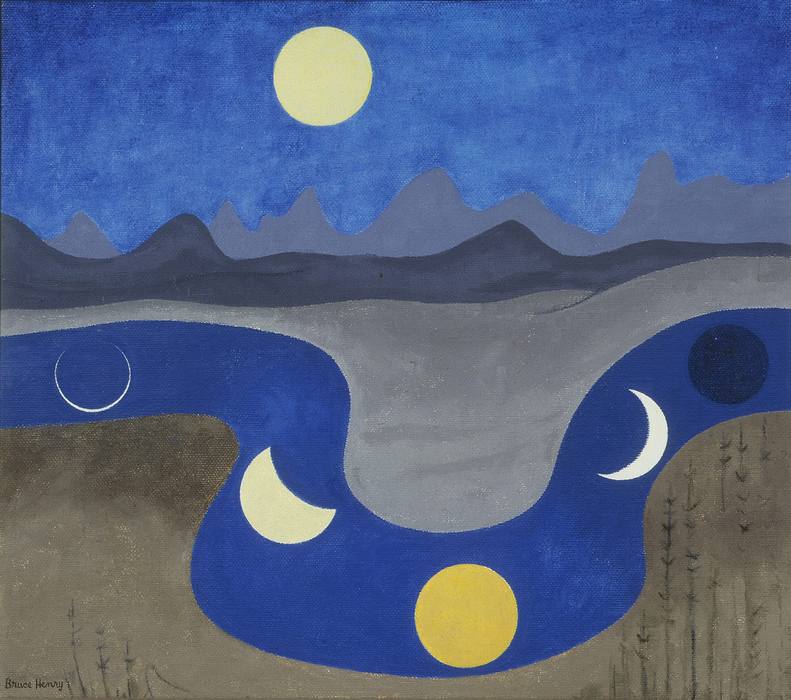 Painting of a winding river, with different phases of the moon showing along its length.