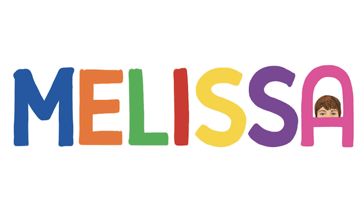 Title illustration for the book "Melissa", with each letter in different colours and Melissa's face in the middle of the 'A'.