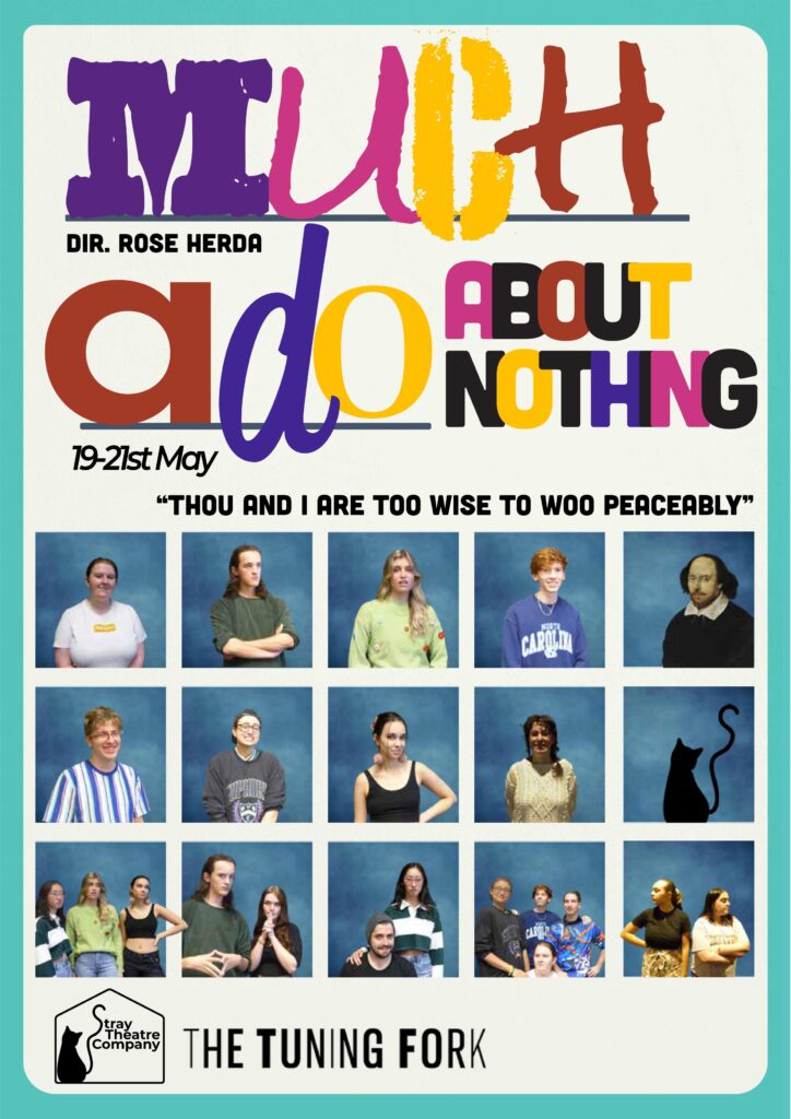 A poster for "Much Ado About Nothing" featuring the cast in three rows of school-photo-esque squares.