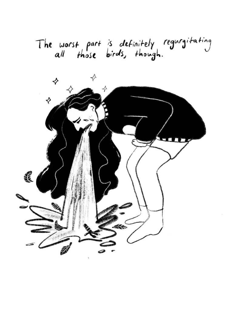 The manga-esque beautiful version of Pam throws up on the ground. "The worst part is definitely regurgitating all those birds, though." she muses.
