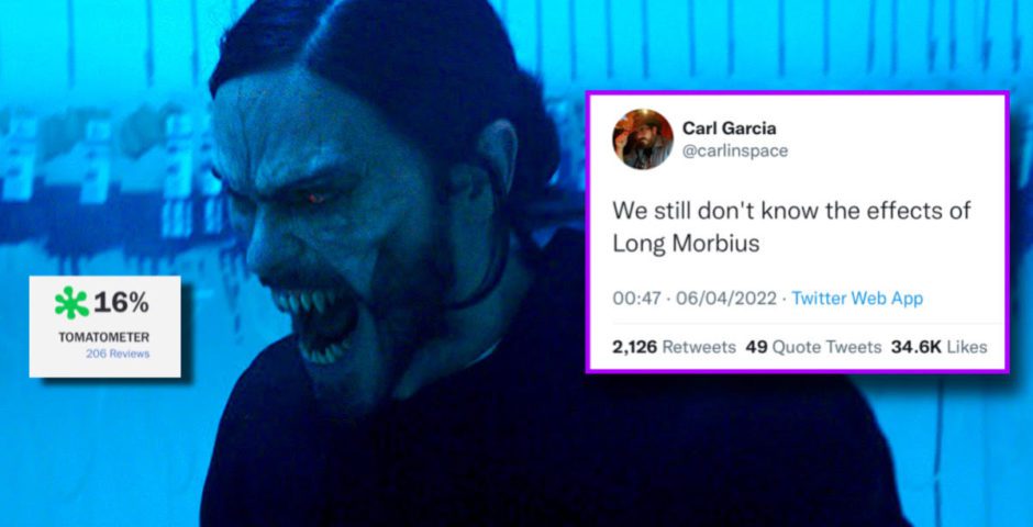 Doctor Morbius is screaming. Rotten Tomatoes score for Morbius in a frame.