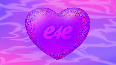 A pink and purple vaporwave style background with a big heart in the centre with the text "e4e".