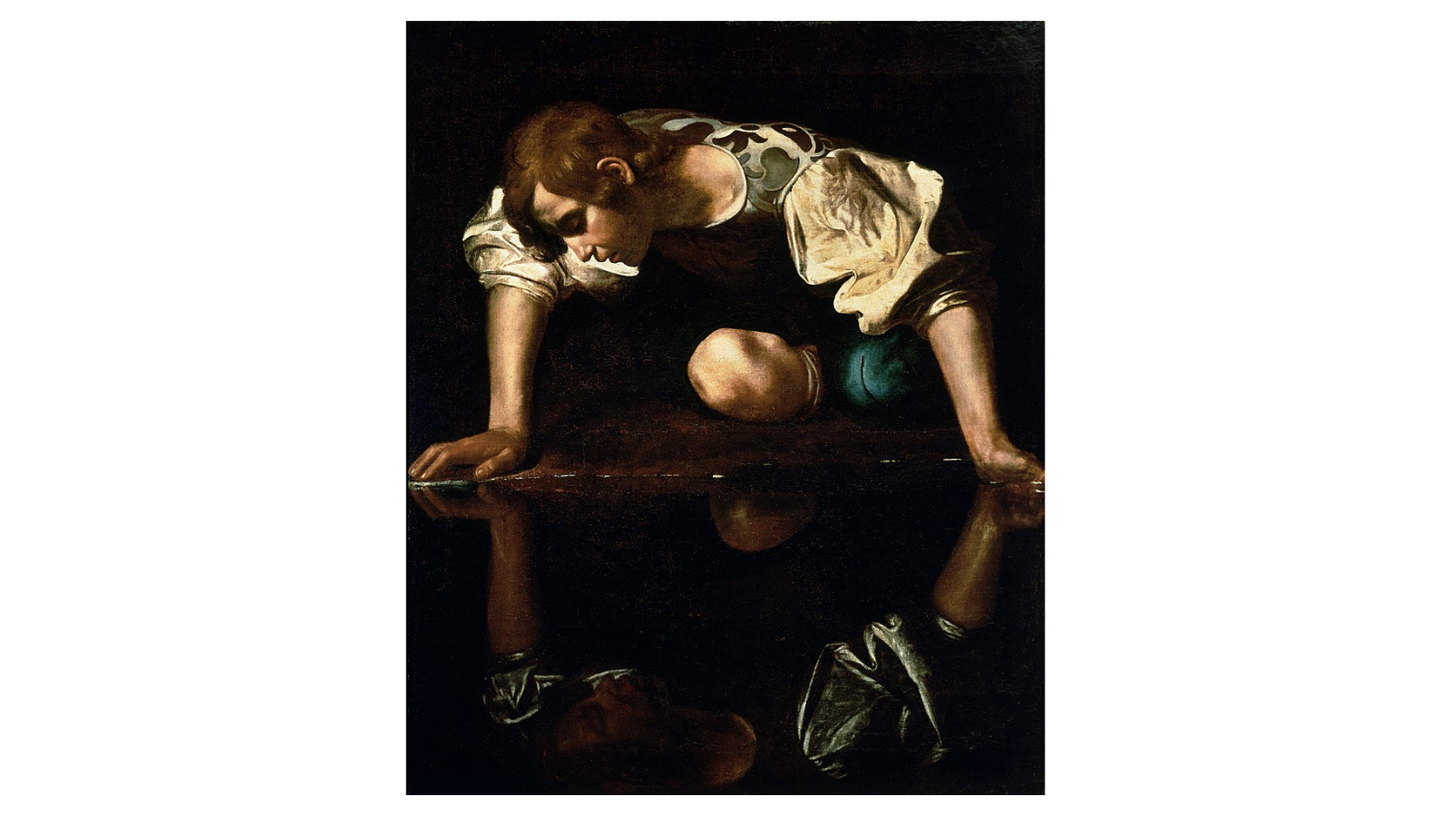 narcissus by caravaggio, oil on canvas
